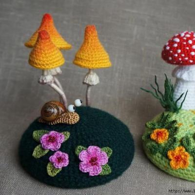 Knit Crochet Needle Mushrooms.